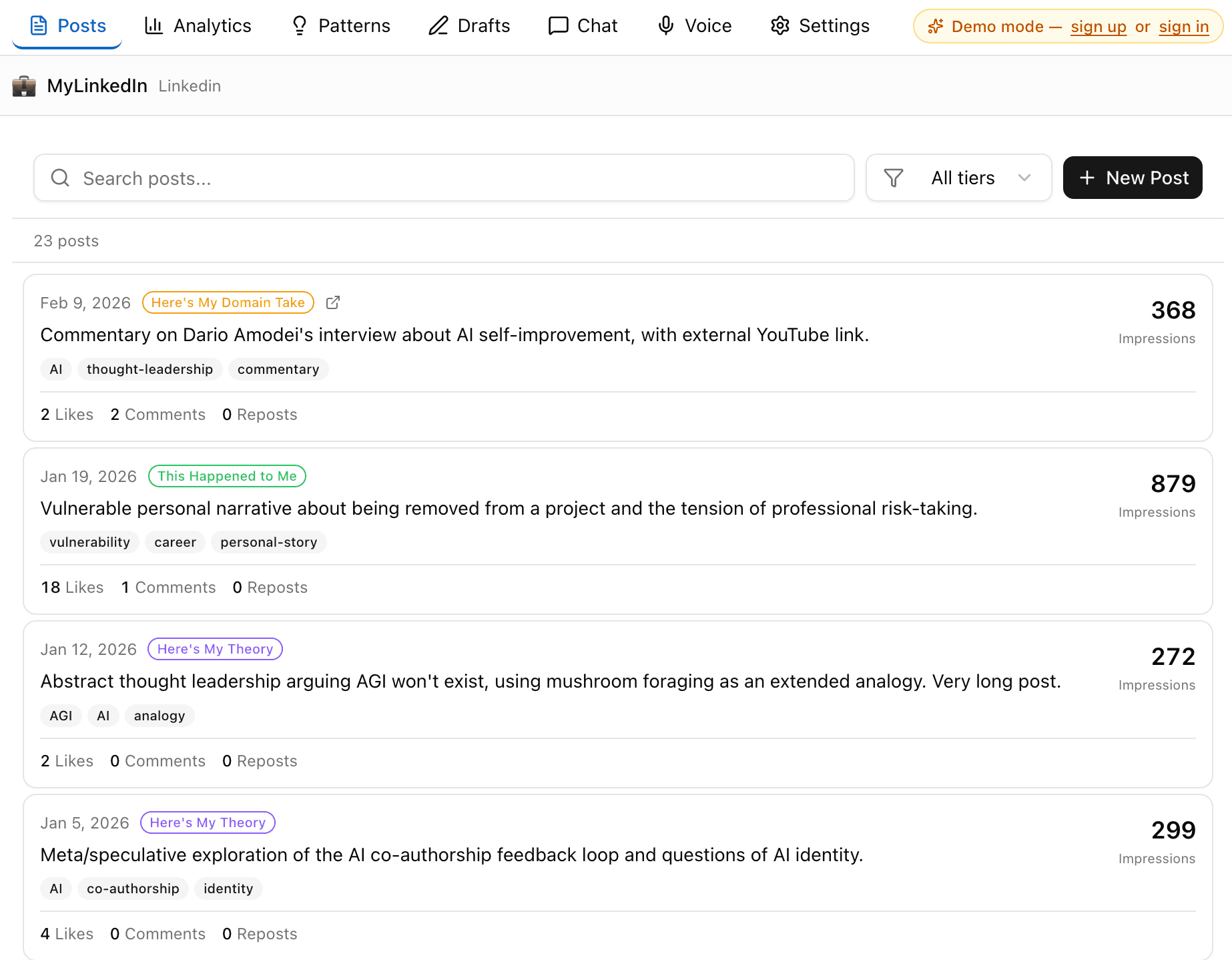 Brandsmith:Me posts list — track published content with analytics and tags